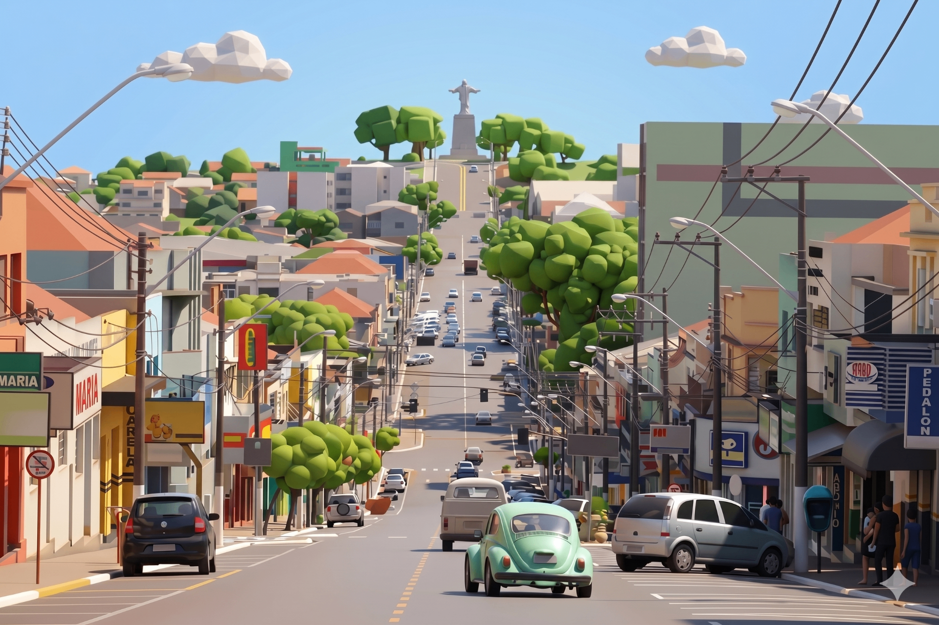 Ilustração 3D da avenida de Cornélio Procópio com vista para o Cristo