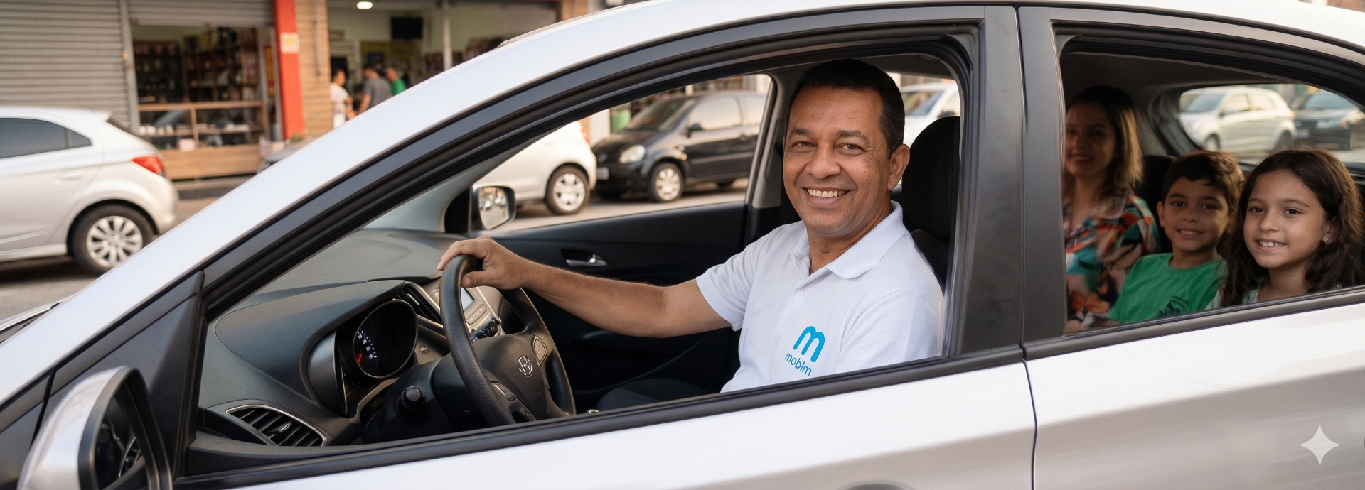 Motorista parceiro Mobim sorrindo ao volante com família a bordo