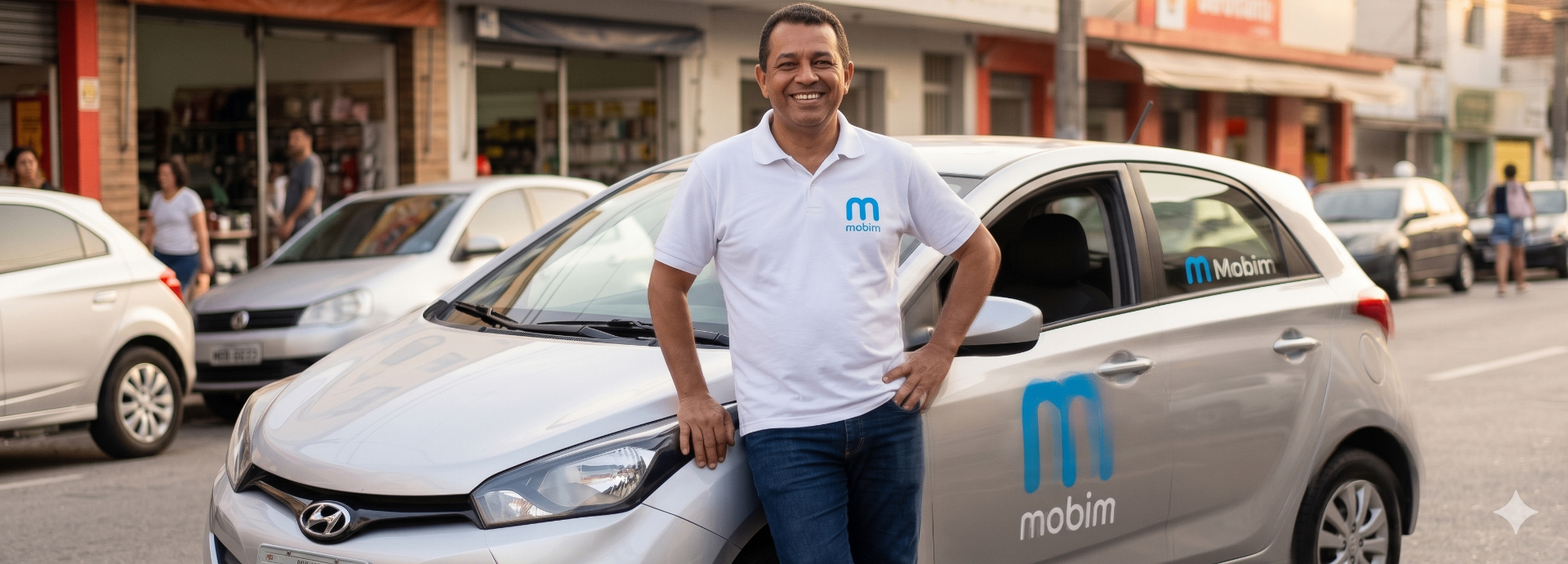 Motorista parceiro Mobim sorrindo dentro do carro